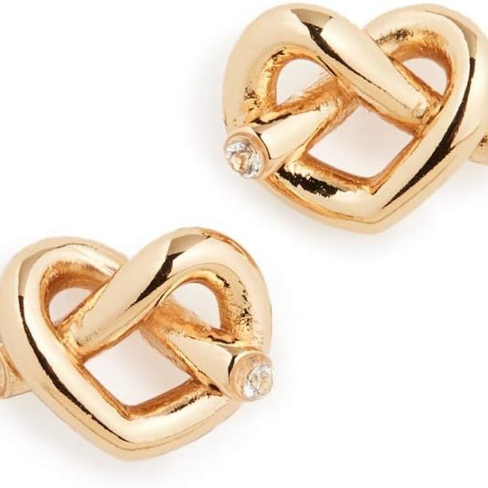 Gold Brass Stud Earrings Heart Knot Cubic Zirconia Polished Chic Jewelry